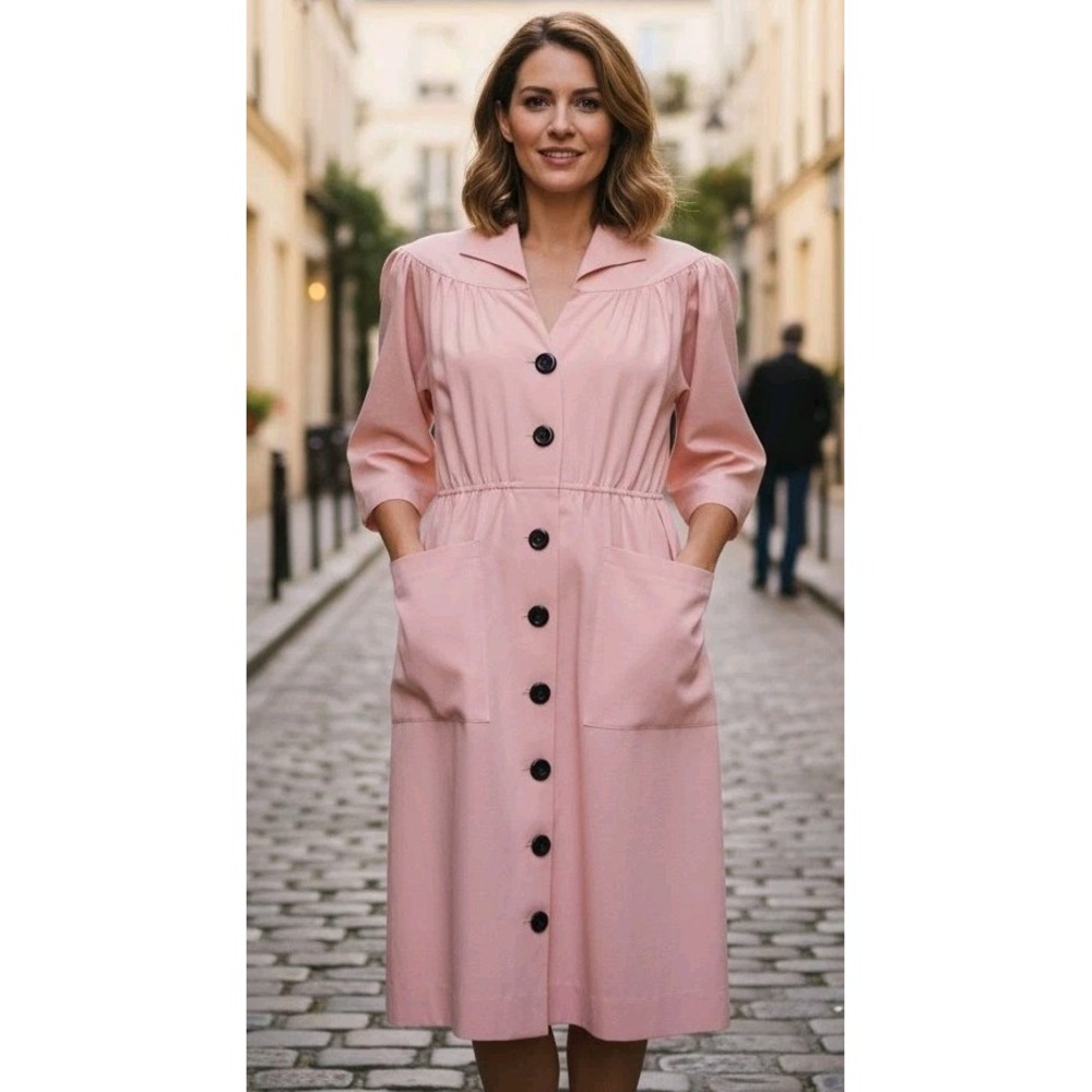 Vtg‎ Ursula of Switzerland Shirt Dress Pink Button Pockets Grannycore Sz 10 Flaw